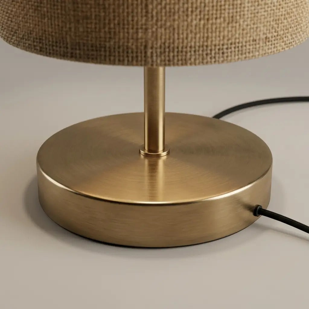 LinenGlow woven linen table lamp with a brass base
