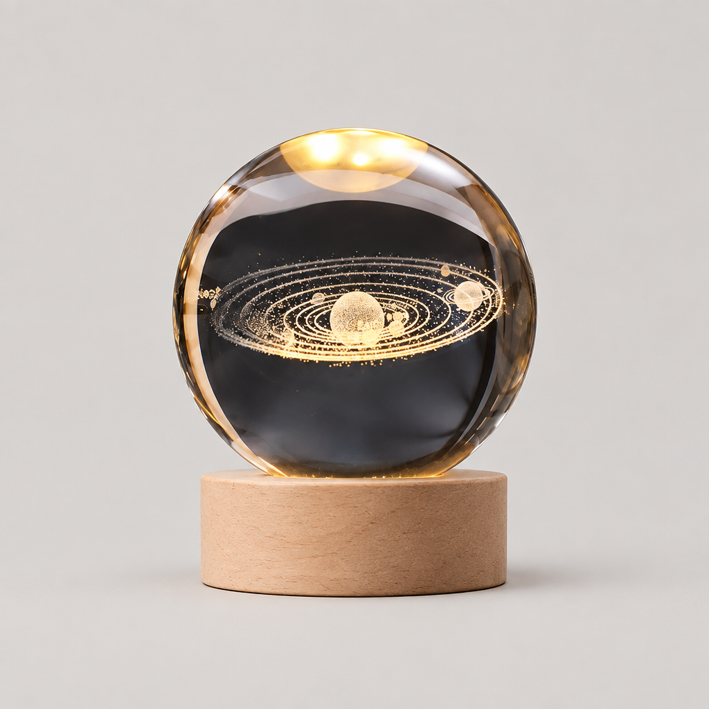 3D Engraved Glass Crystal Ball Night Light with Wood Base on a neutral background