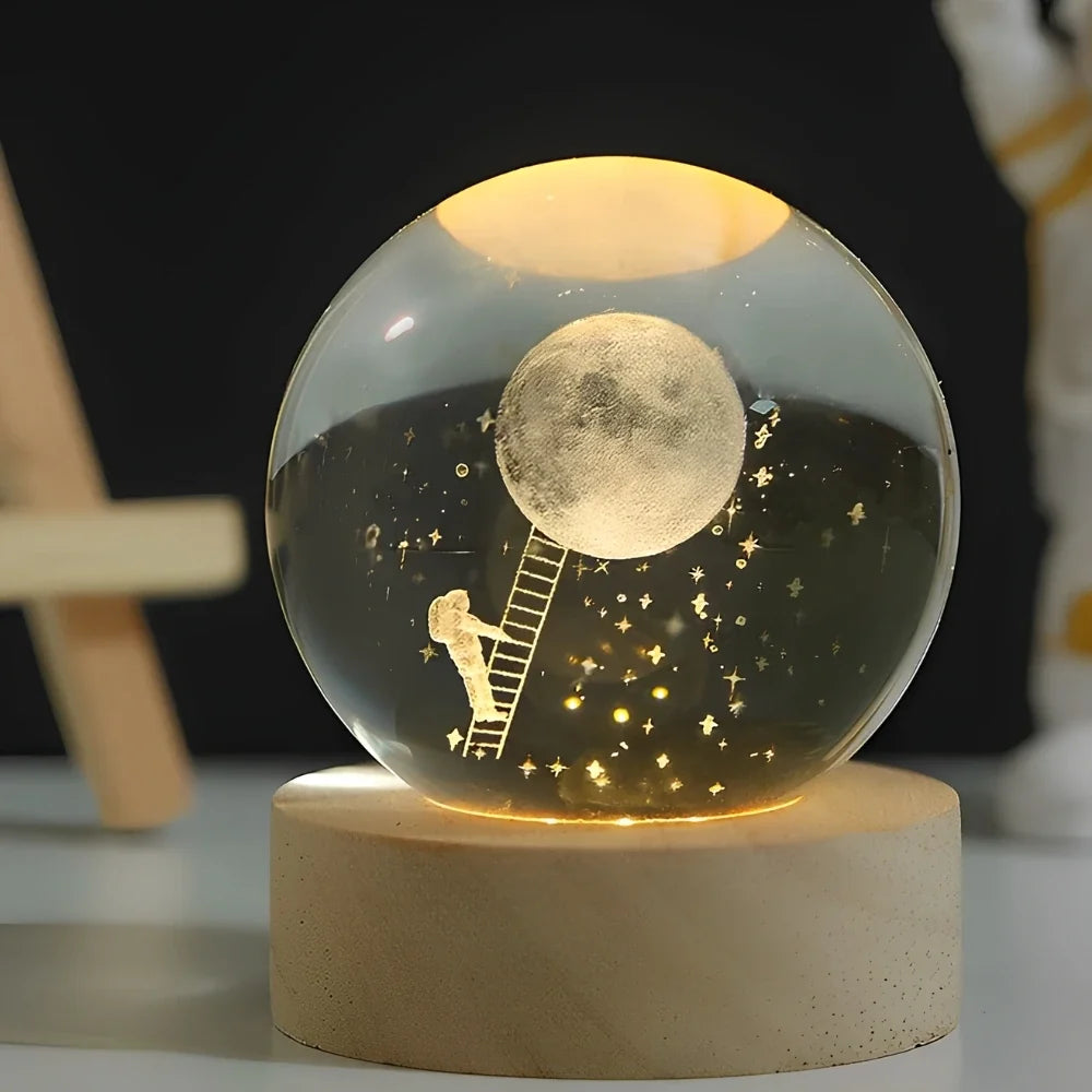 3D Engraved Glass Crystal Ball Night Light with Wood Base - view 10