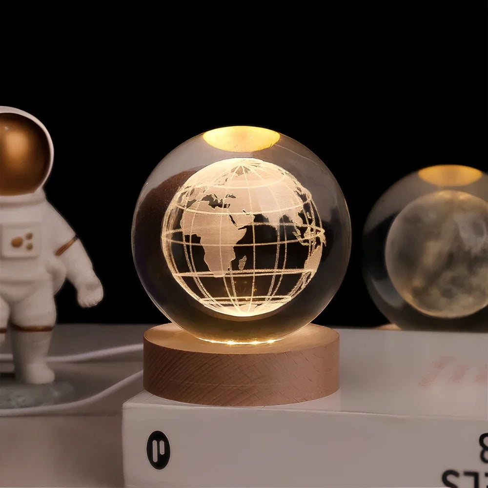 3D Engraved Glass Crystal Ball Night Light with Wood Base - view 11