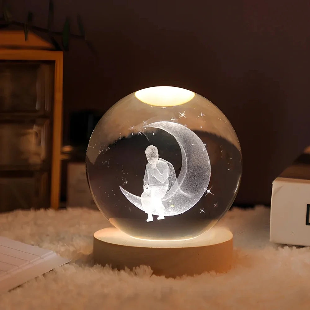3D Engraved Glass Crystal Ball Night Light with Wood Base - view 13