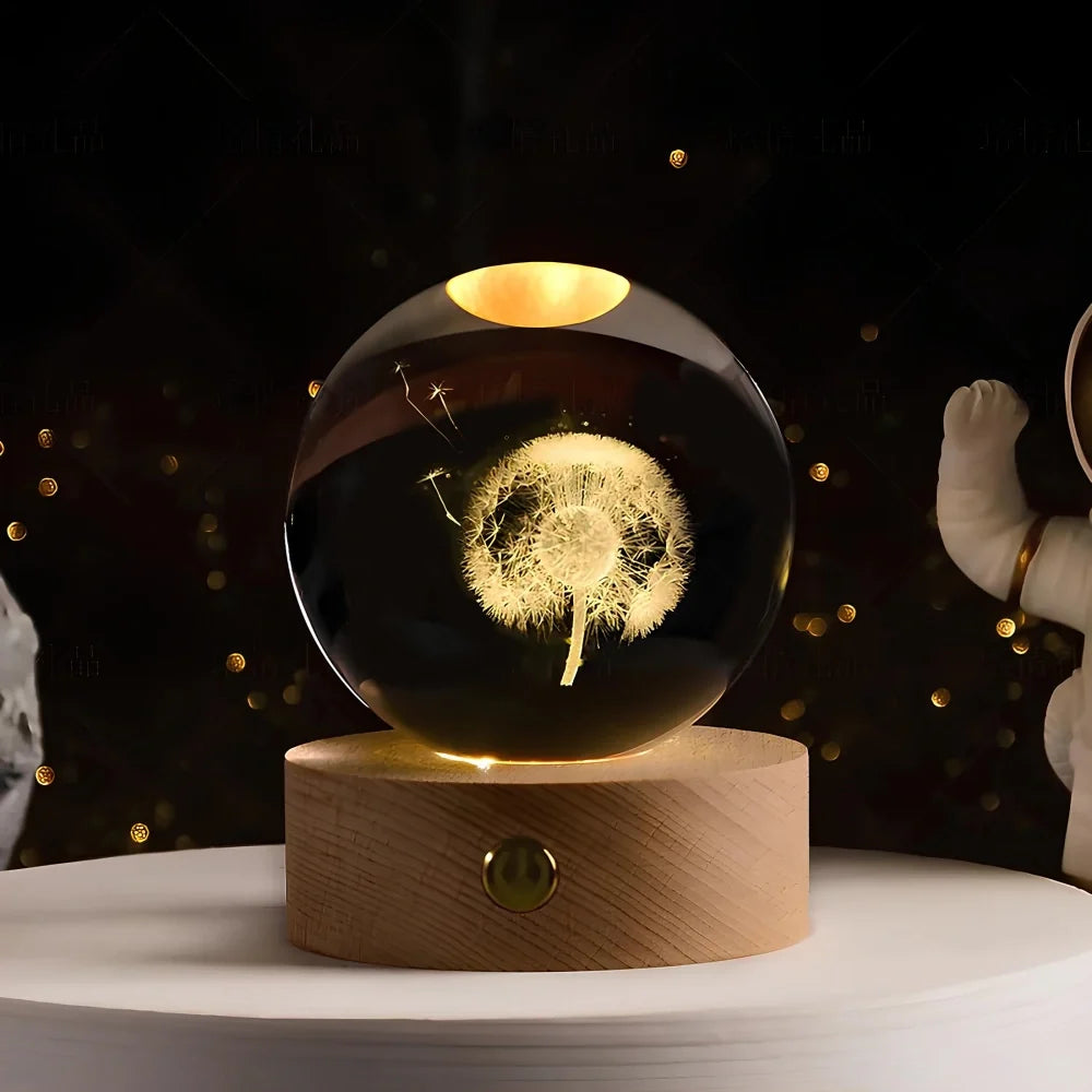 3D Engraved Glass Crystal Ball Night Light with Wood Base - view 15