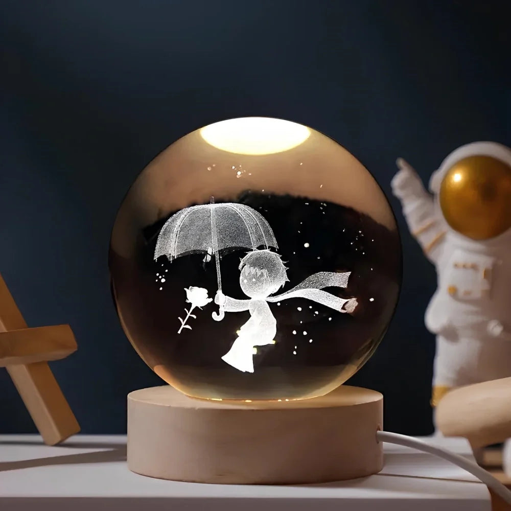 3D Engraved Glass Crystal Ball Night Light with Wood Base - view 17