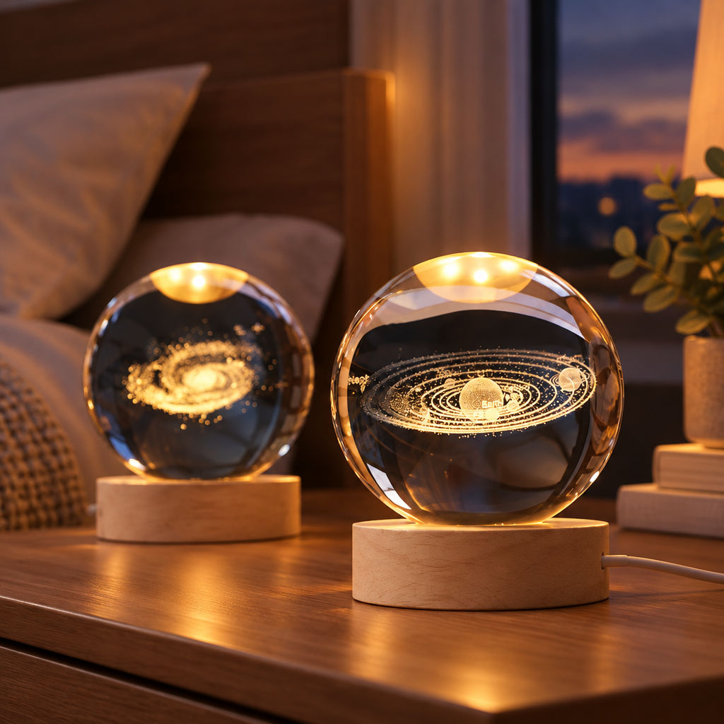 3D Engraved Glass Crystal Ball Night Light with Wood Base in a styled interior