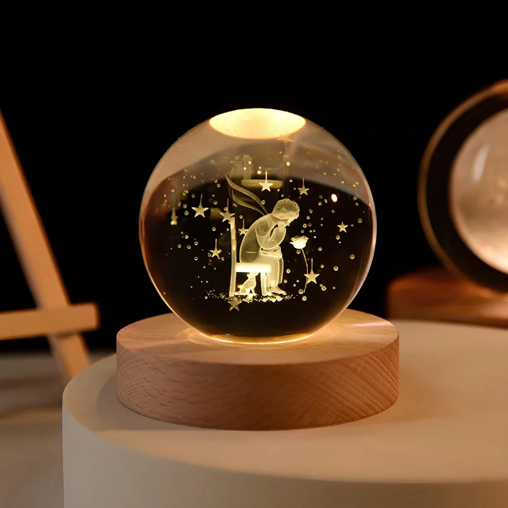 3D Engraved Glass Crystal Ball Night Light with Wood Base - view 22