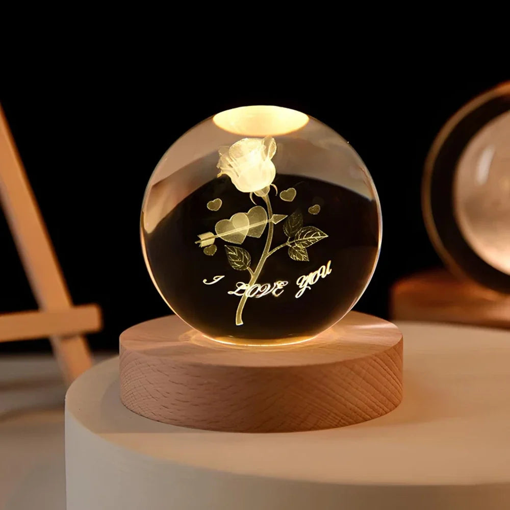 3D Engraved Glass Crystal Ball Night Light with Wood Base - view 23