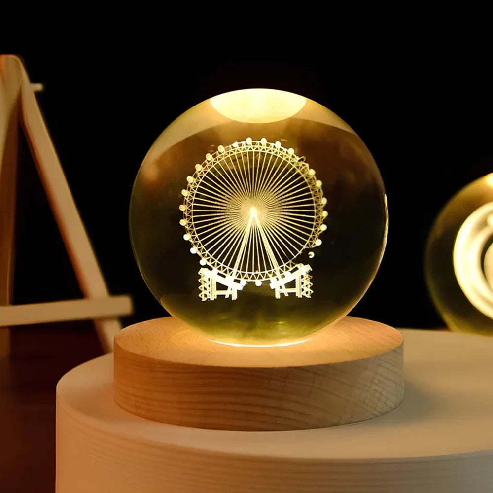 3D Engraved Glass Crystal Ball Night Light with Wood Base - view 24