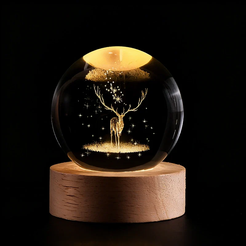 3D Engraved Glass Crystal Ball Night Light with Wood Base - view 25