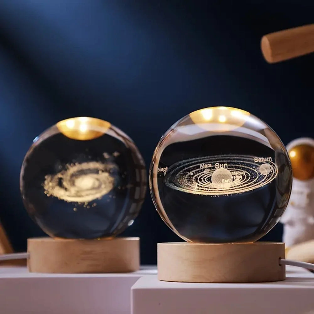 3D Engraved Glass Crystal Ball Night Light with Wood Base - view 3