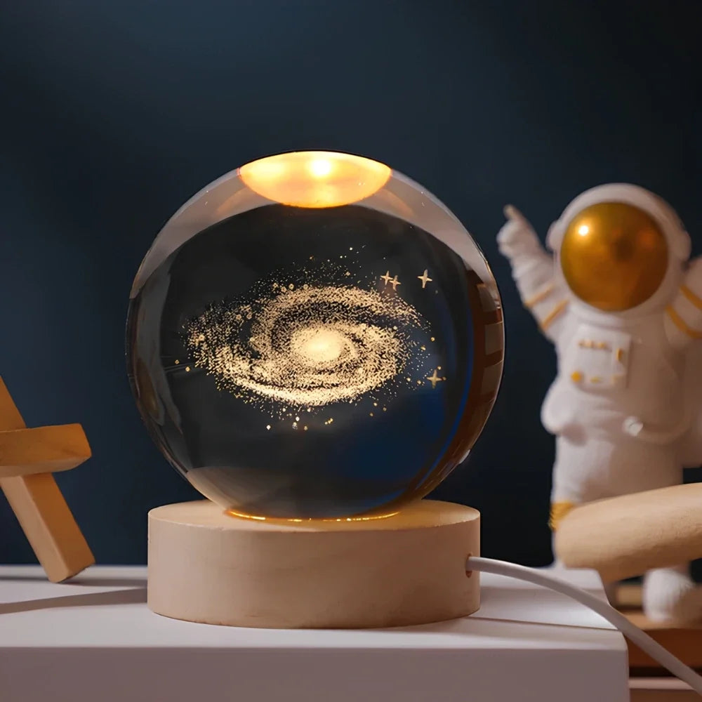 3D Engraved Glass Crystal Ball Night Light with Wood Base - view 4
