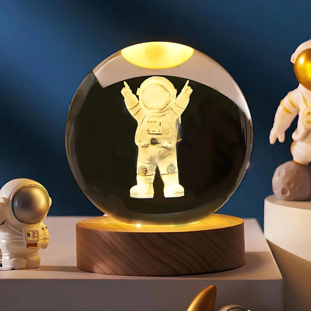 3D Engraved Glass Crystal Ball Night Light with Wood Base - view 7