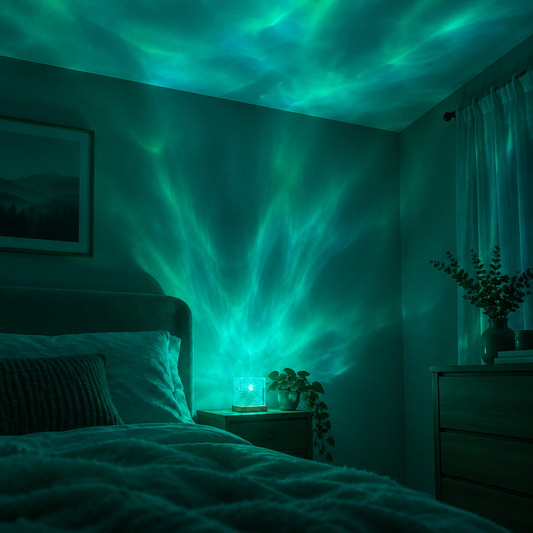 Northern lights cube lamp projecting teal light in a bedroom