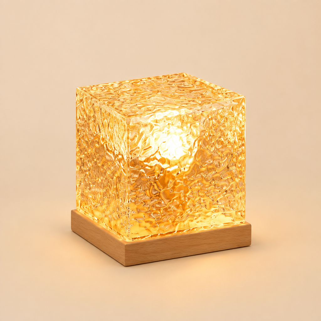 Acrylic cube lamp with wooden base