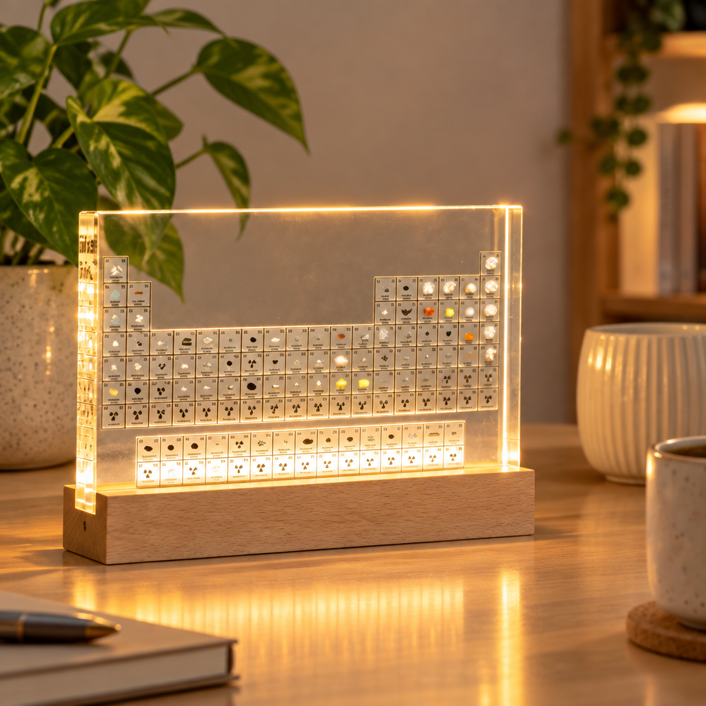 Illuminated acrylic periodic table lamp on a wooden desk