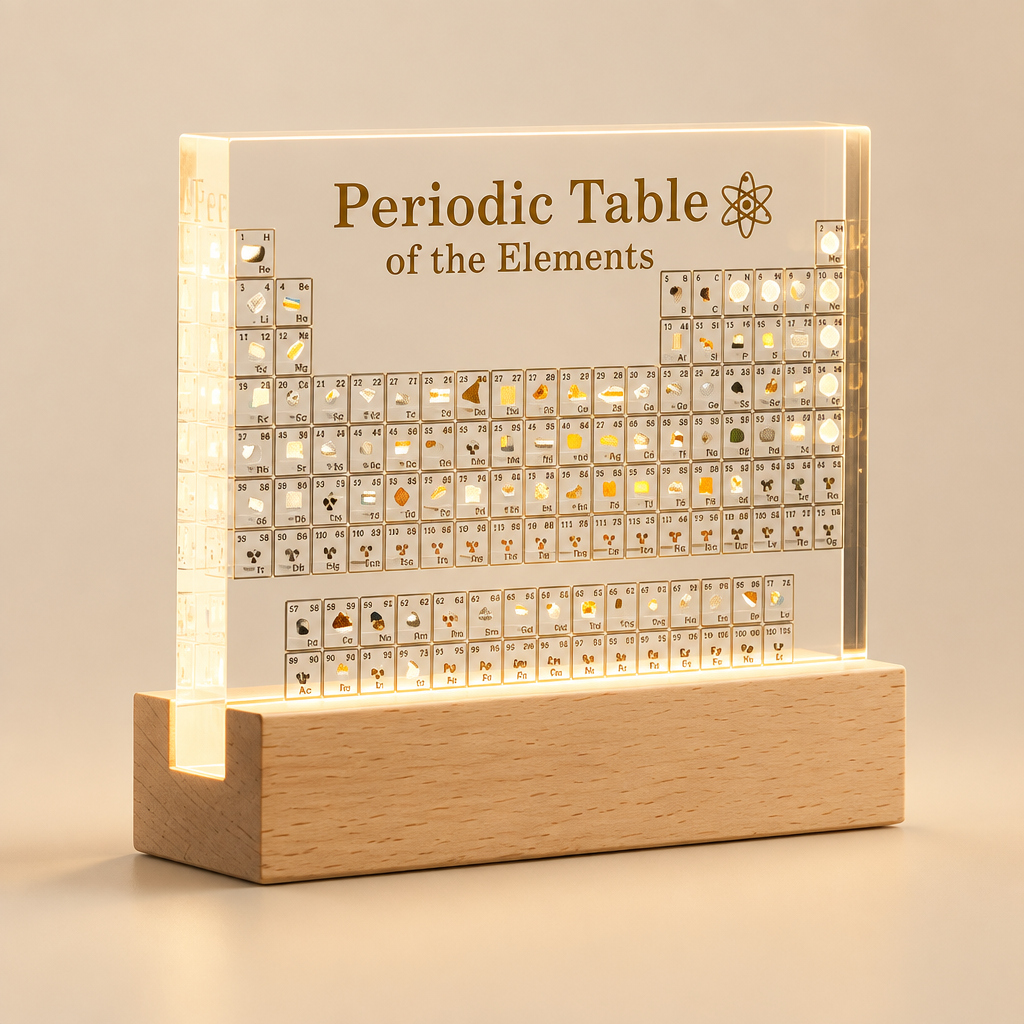 Acrylic periodic table with real element samples on a wooden base