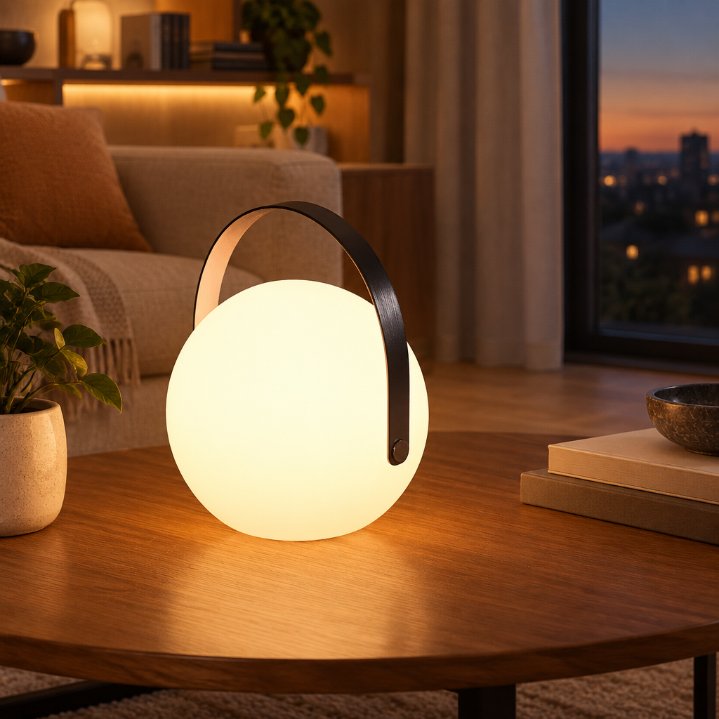 Aluminum Cordless LED Table Lamp with 16 Colours and Remote in a styled interior