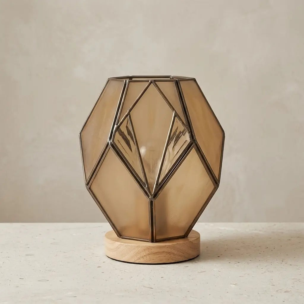 HoneyGlow amber glass table lamp with a wood base