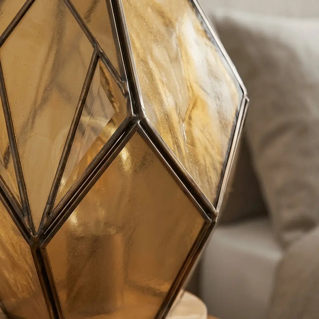 HoneyGlow amber glass table lamp with a wood base