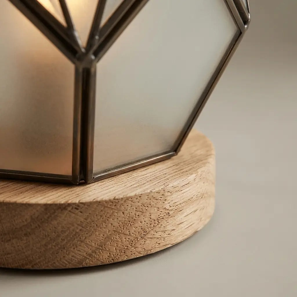 HoneyGlow amber glass table lamp with a wood base