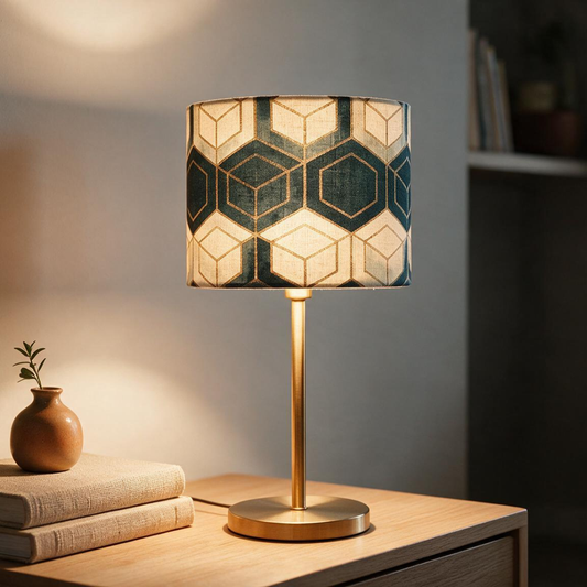 AngleGlow geometric pattern table lamp in a warm, cozy styled room