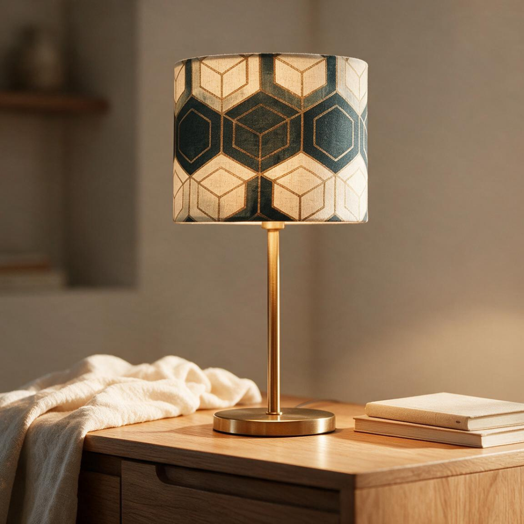AngleGlow geometric pattern table lamp, warm cozy lifestyle detail