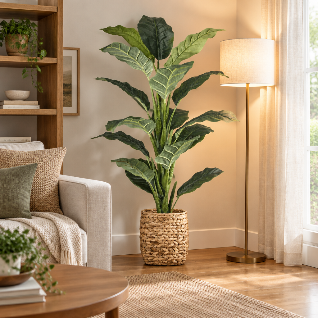 Artificial Ficus Tree in Rattan Pot in a styled interior