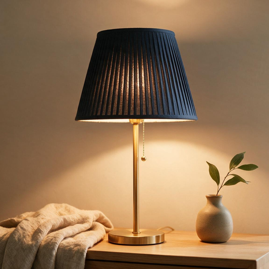 AzureGlow blue pleated shade table lamp in a warm, cozy styled room