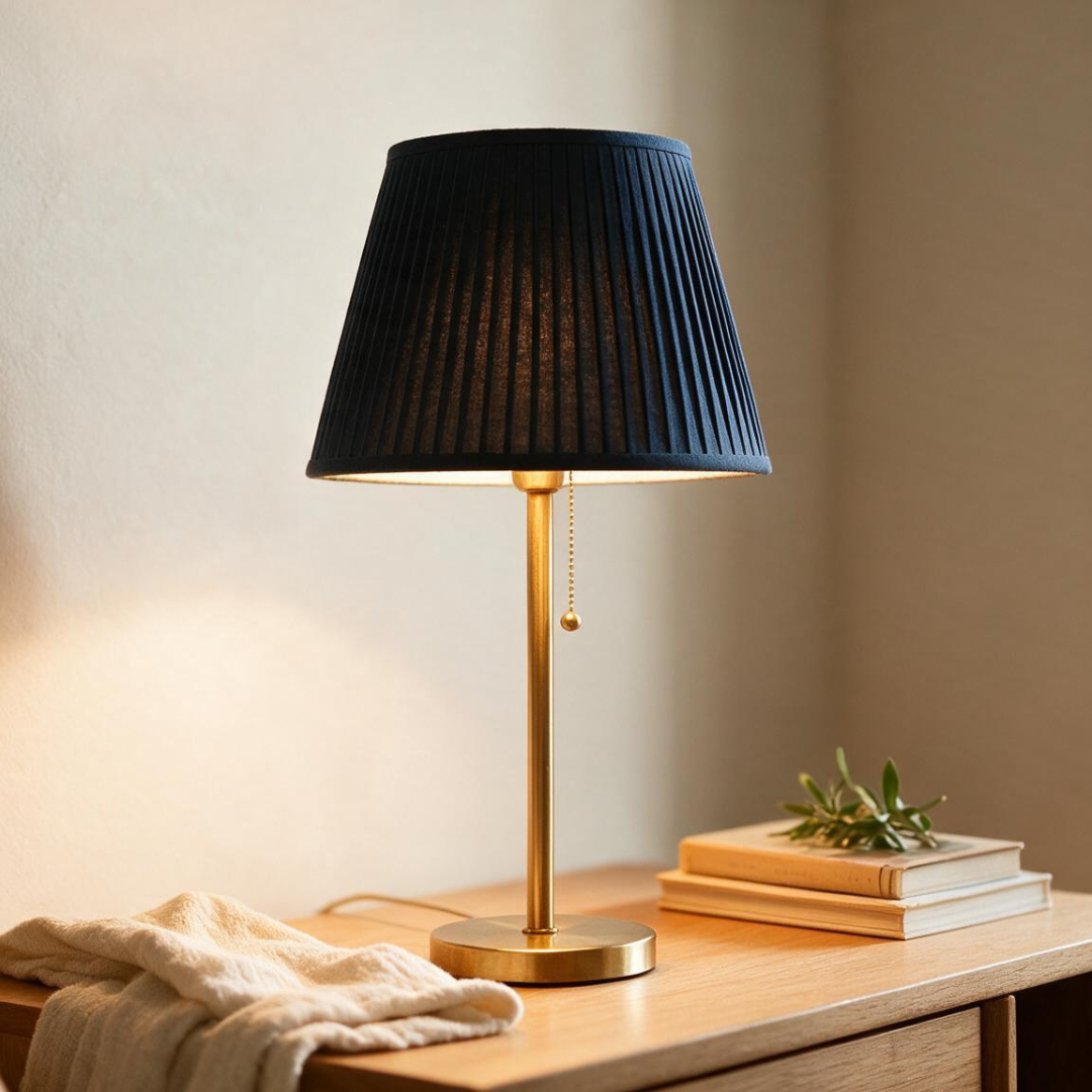 AzureGlow blue pleated shade table lamp, warm cozy lifestyle detail