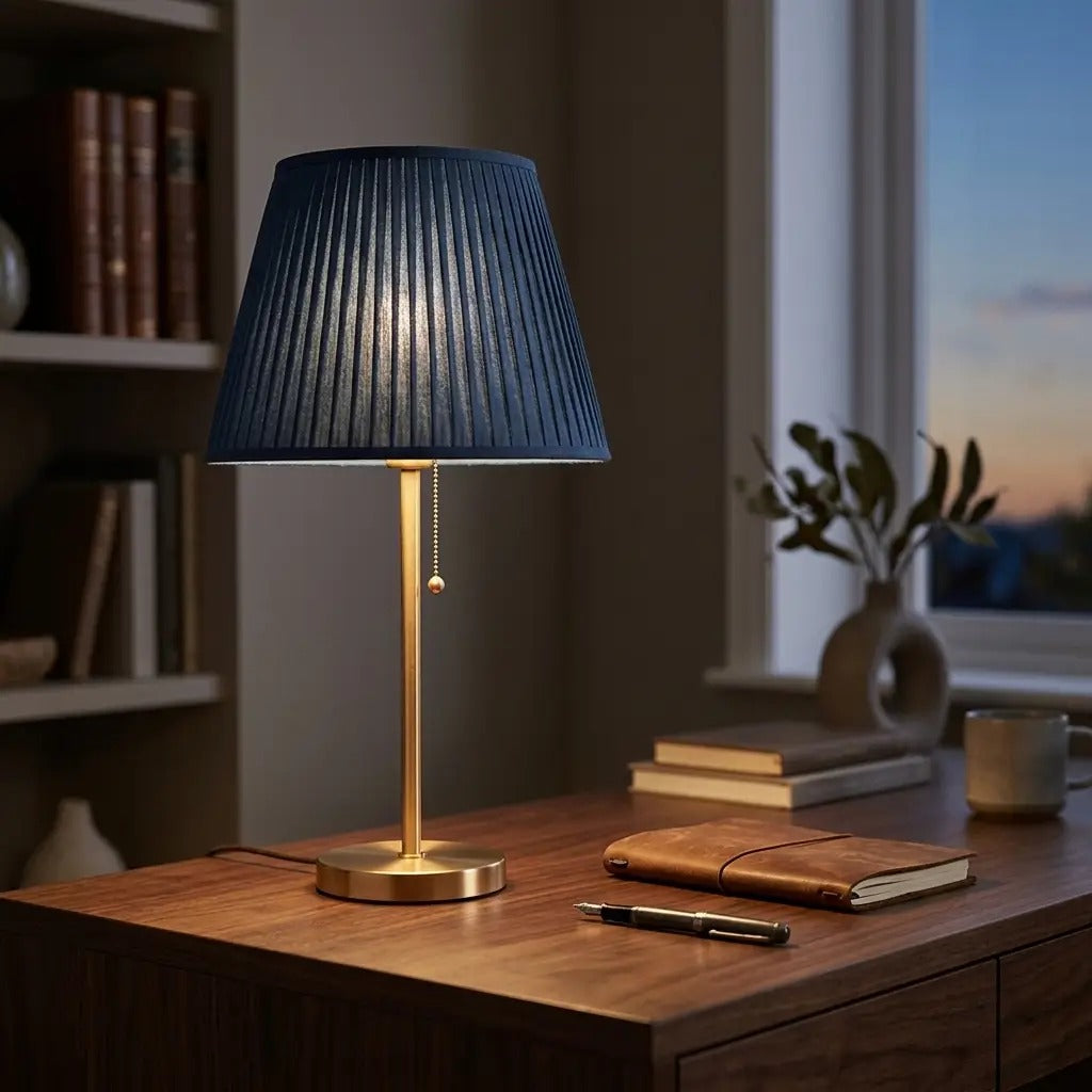 AzureGlow blue pleated table lamp with a brass base