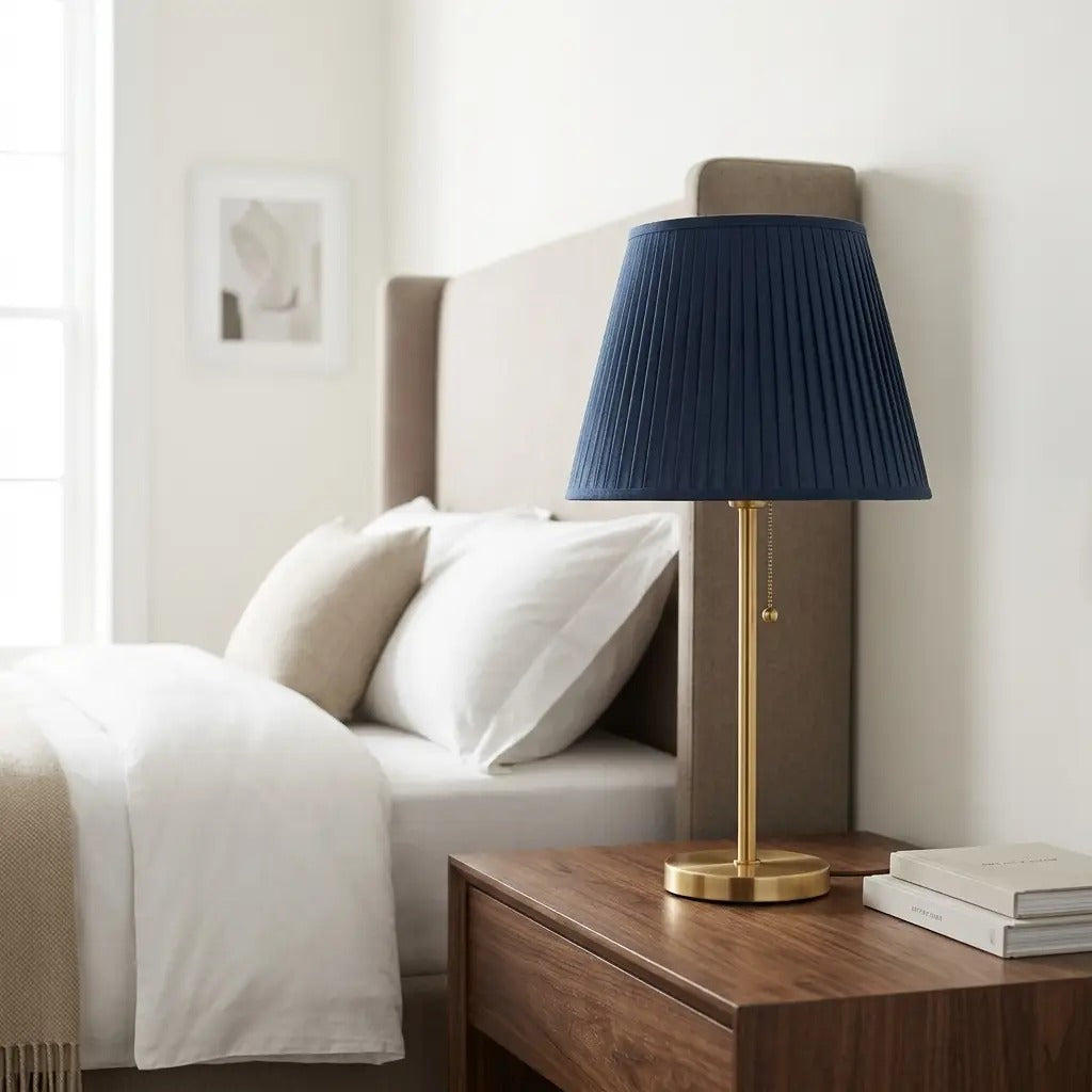 AzureGlow blue pleated table lamp with a brass base