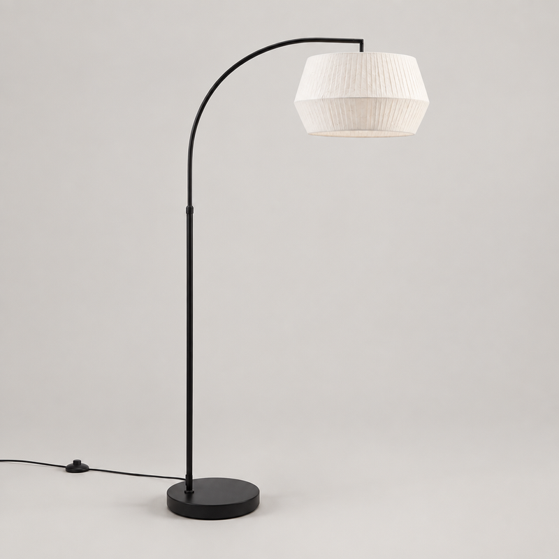 Black Metal Floor Lamp with White Drum Shade
