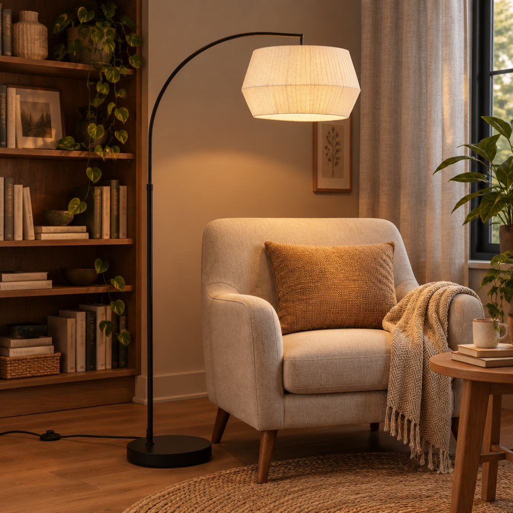 Black Metal Floor Lamp with White Drum Shade in a styled interior