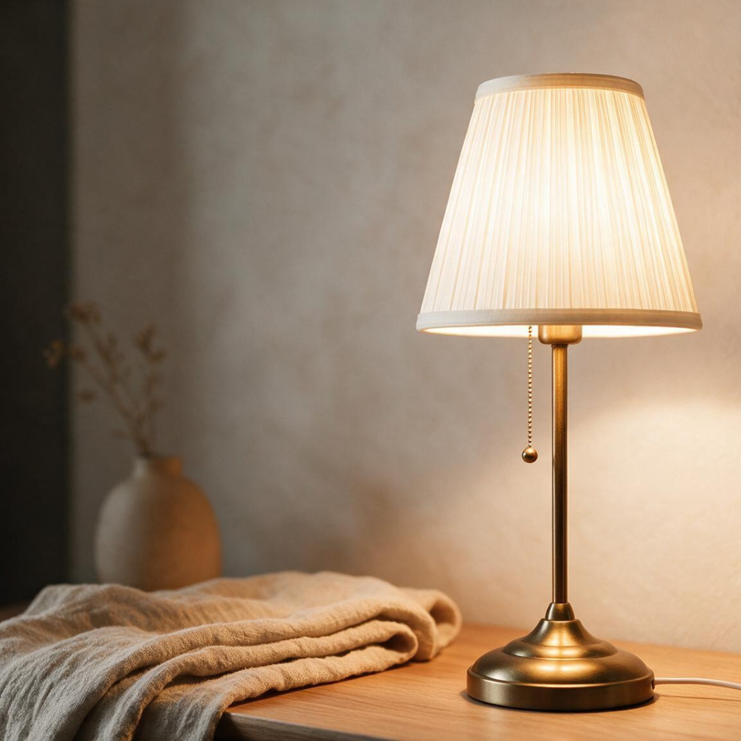BrassGlow brushed brass table lamp, warm cozy lifestyle detail