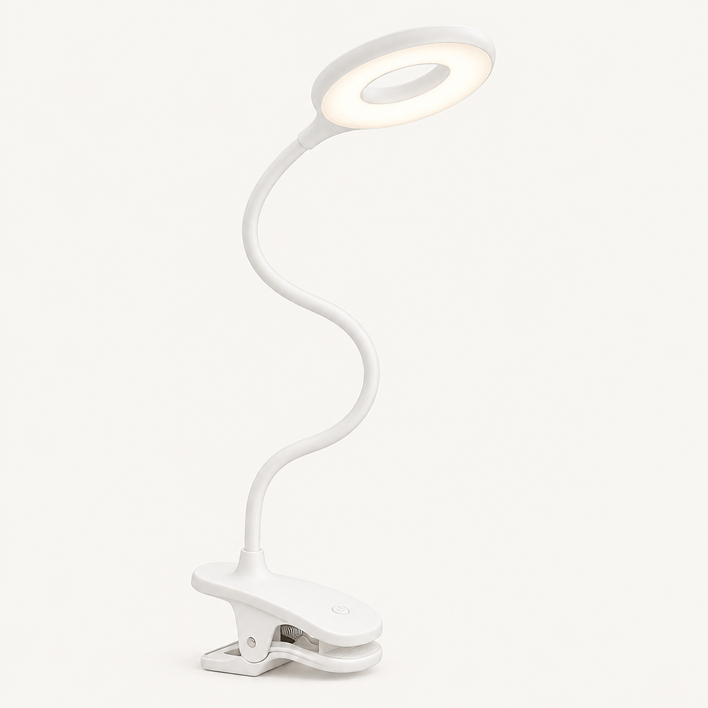 Clip-On USB LED Reading Lamp with Dimmer and Flexible Neck on a plain light background