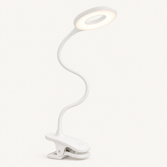 Clip-On USB LED Reading Lamp with Dimmer and Flexible Neck on a plain light background