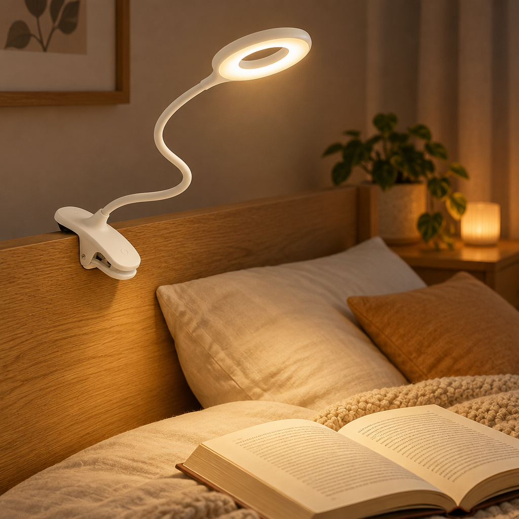 Clip-On USB LED Reading Lamp with Dimmer and Flexible Neck clipped to a wooden headboard next to an open book in a cosy bedroom at night