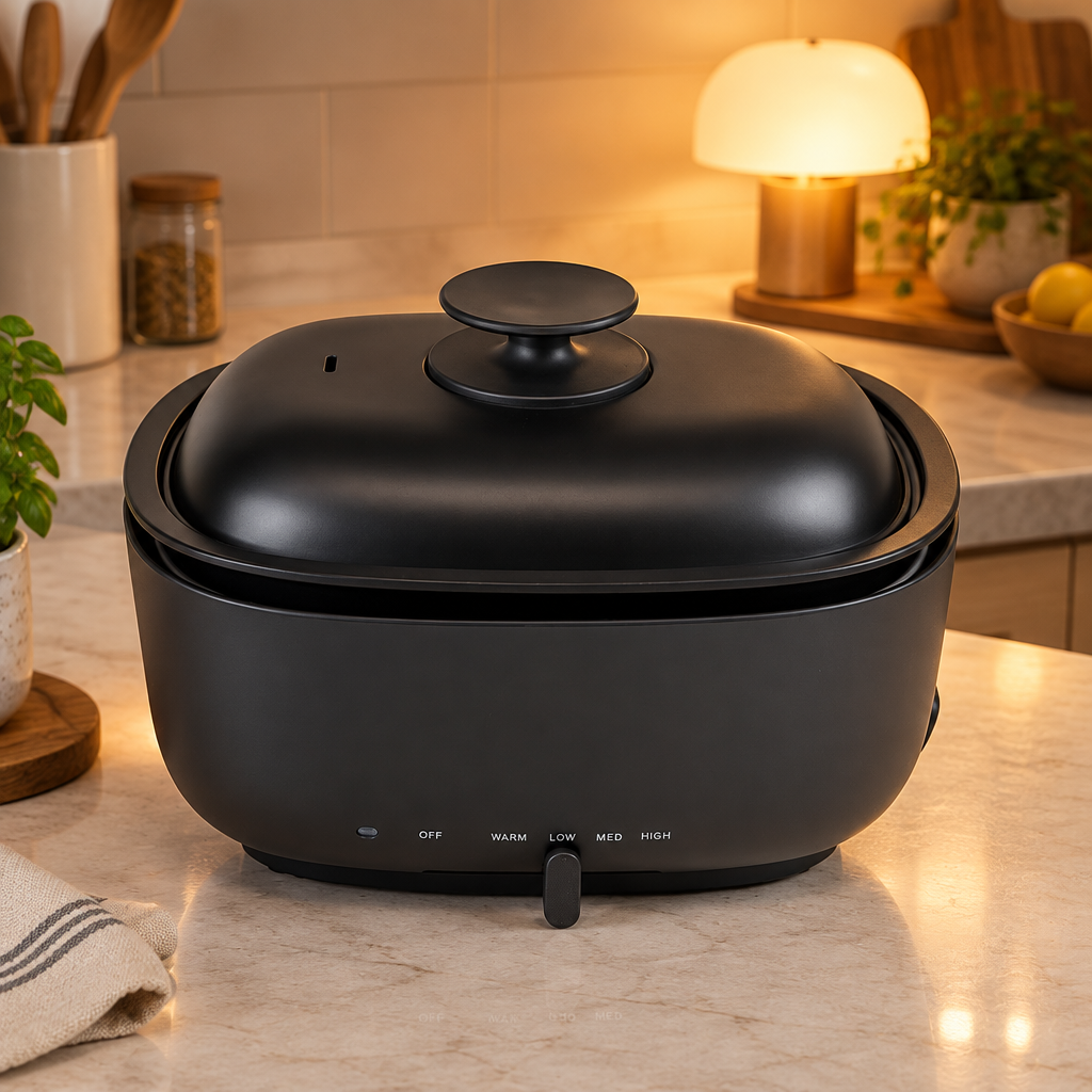 Compact Electric Grill Pot in a styled interior