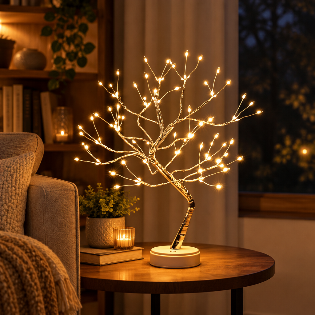 Copper Wire LED Fairy Tree Lamp in a styled interior