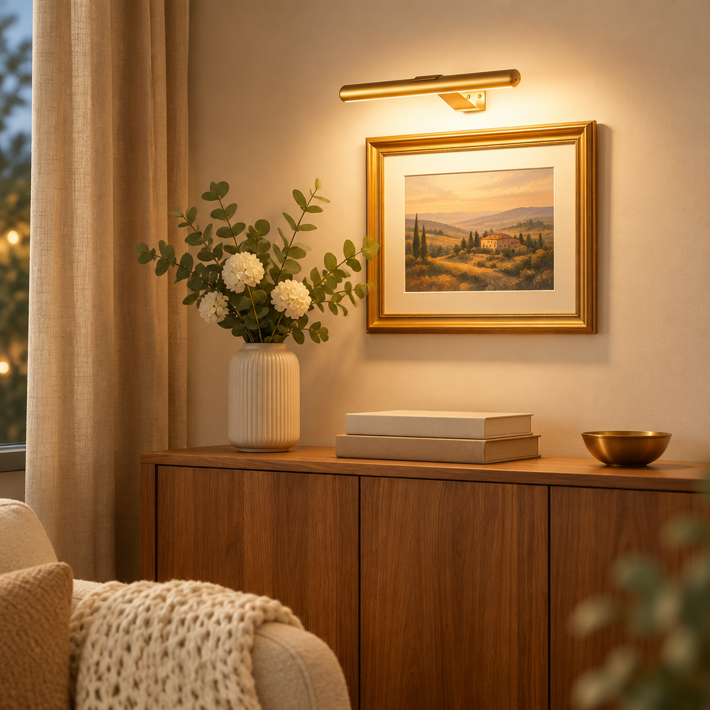 Cordless LED picture light glowing above a framed painting