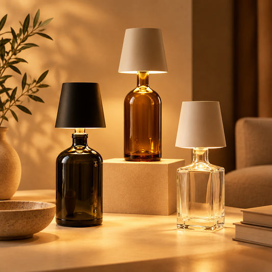 Cordless bottle top lamps glowing on glass bottles