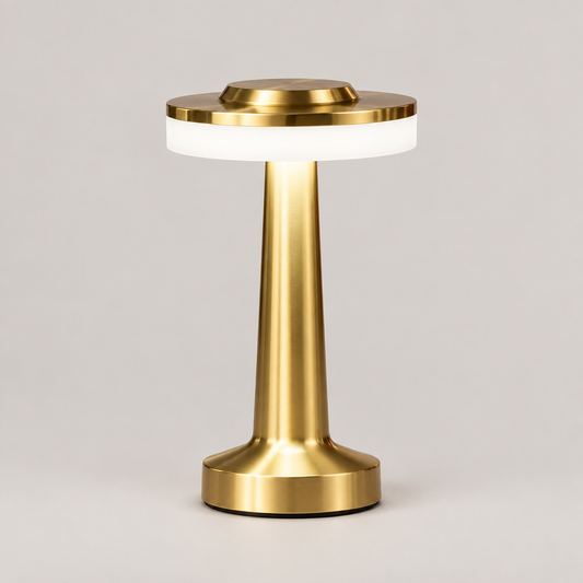 Cordless dimmable retro table lamp in gold