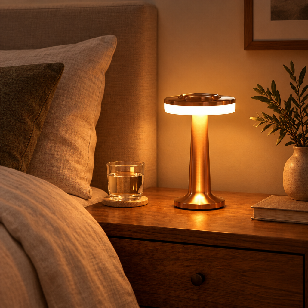 Cordless retro table lamp glowing on a bedside table