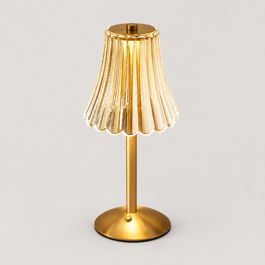 Cordless Gold Aluminum Crystal Shade Table Lamp on a neutral background