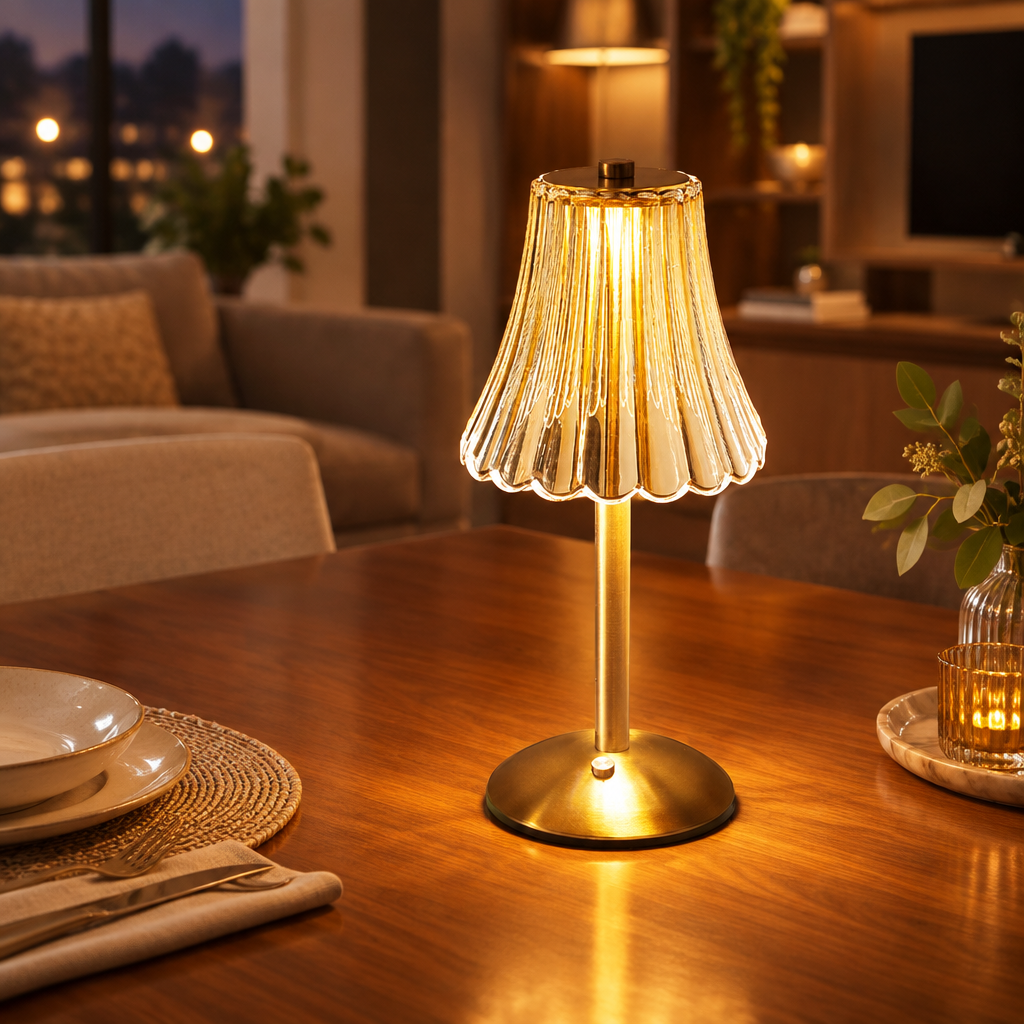 Cordless Gold Aluminum Crystal Shade Table Lamp in a styled interior
