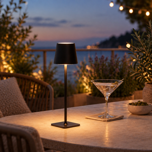 Cordless tall table lamp glowing on a terrace table at dusk