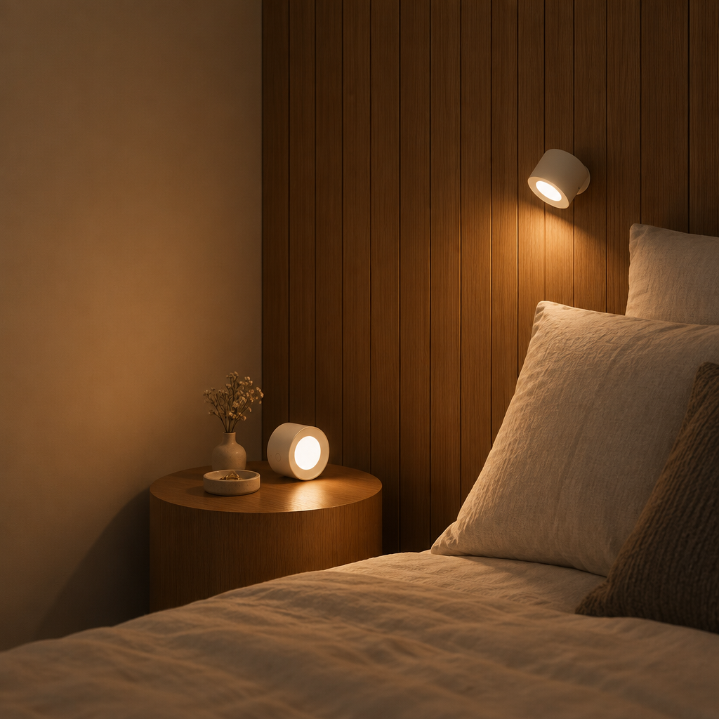 Cordless wall lamp glowing above a bed in a warm bedroom
