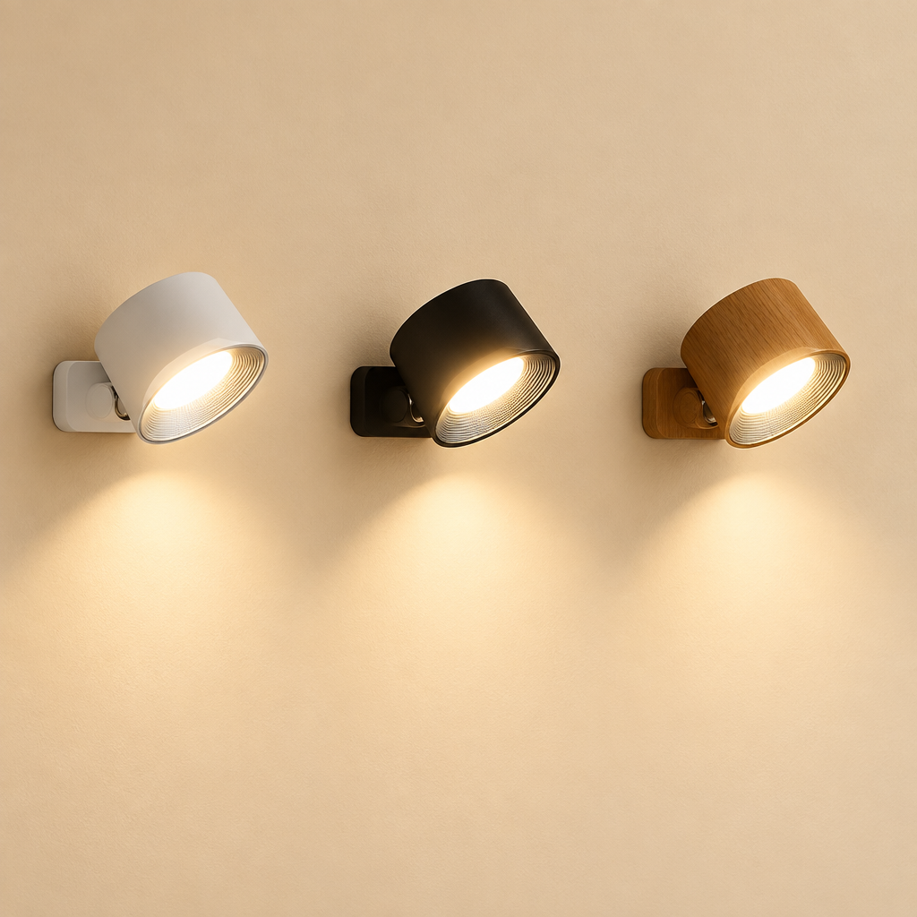 Cordless rotating wall lamps in white, black and wood