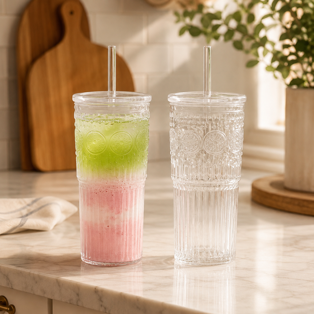 Embossed Glass Tumbler with Straw, 24 oz - view 3