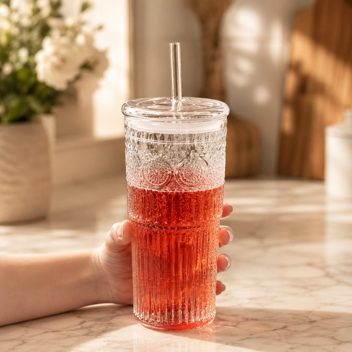 Embossed Glass Tumbler with Straw, 24 oz - view 5
