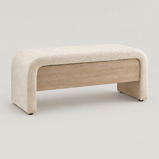 Fabric and Wood Storage Bench in Oatmeal on a neutral background